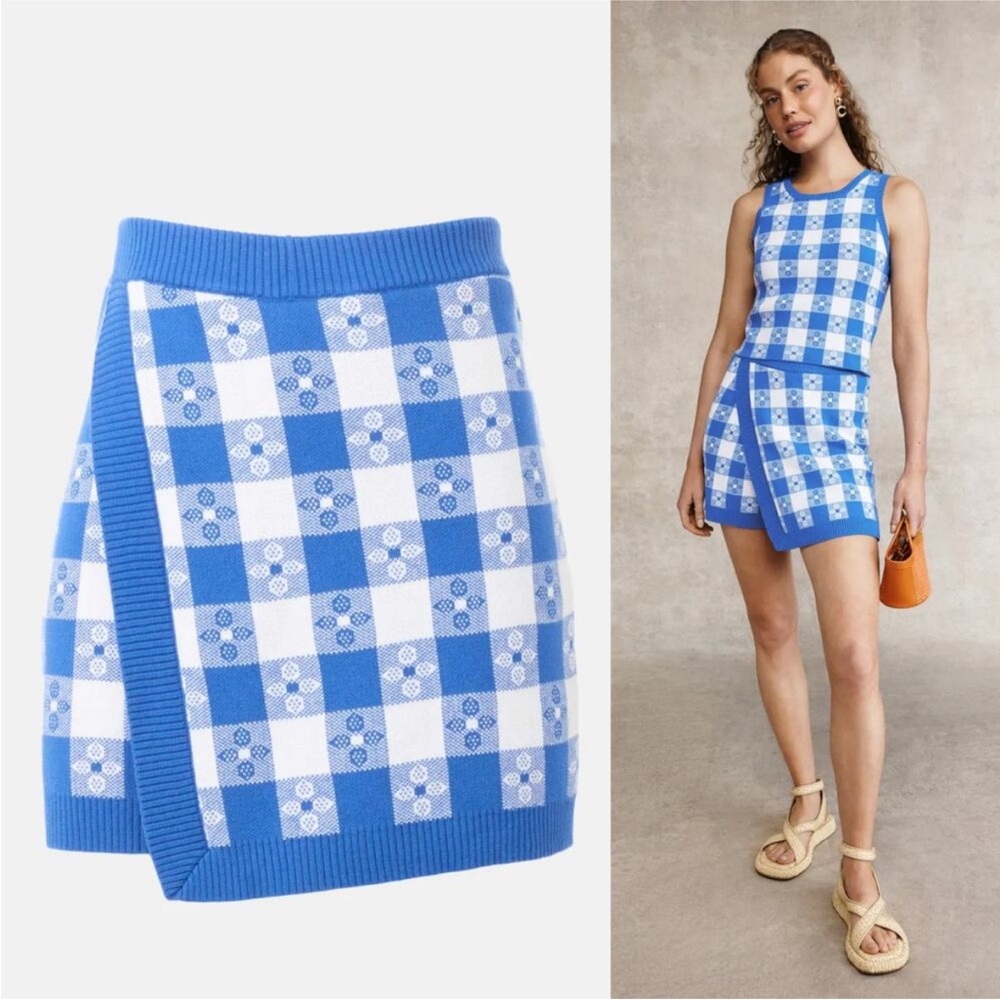 Rachel Antonoff Shannen Skort in Blue and White Gingham Print Cottagecore
